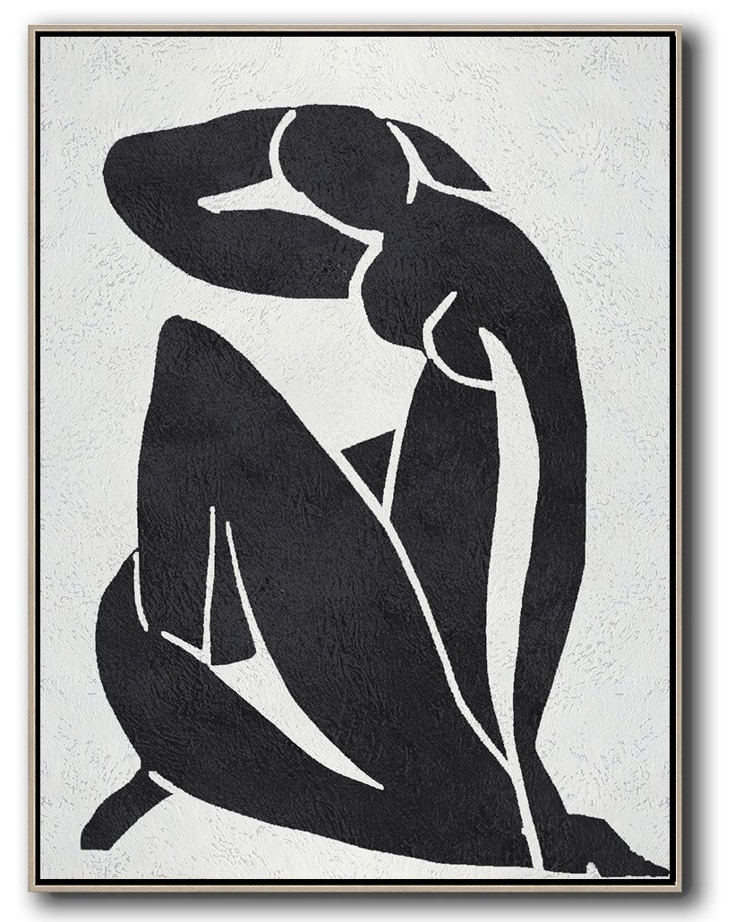 Hand-Painted Black And White Minimal Painting On Canvas - Canvas Art For Sale Foyer Huge